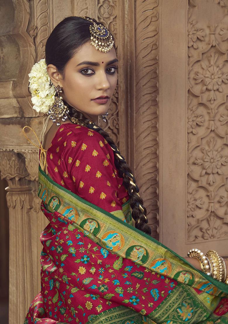 Red Figure Print Border Poly Blended Saree Set