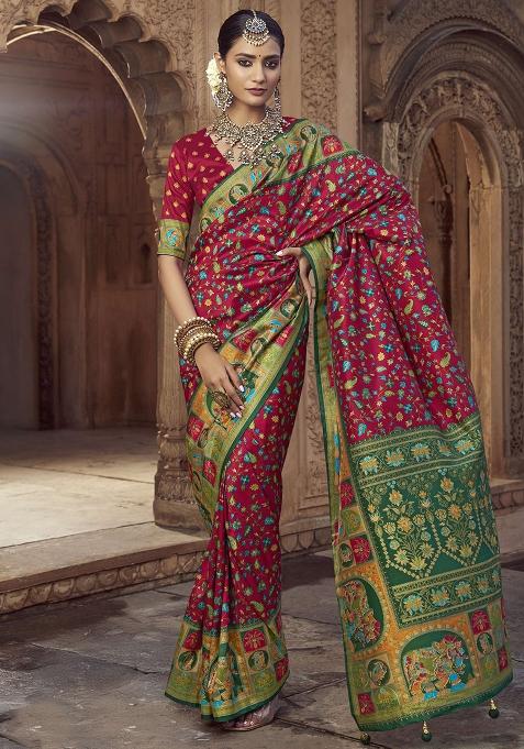 Red Figure Print Border Poly Blended Saree Set