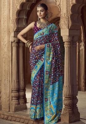 Blue Figure Print Border Poly Blended Saree Set