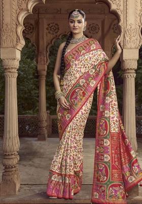 Cream Figure Print Border Poly Blended Saree Set