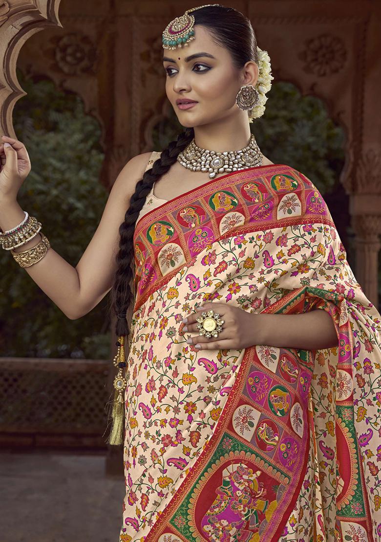 Cream Figure Print Border Poly Blended Saree Set - Indya