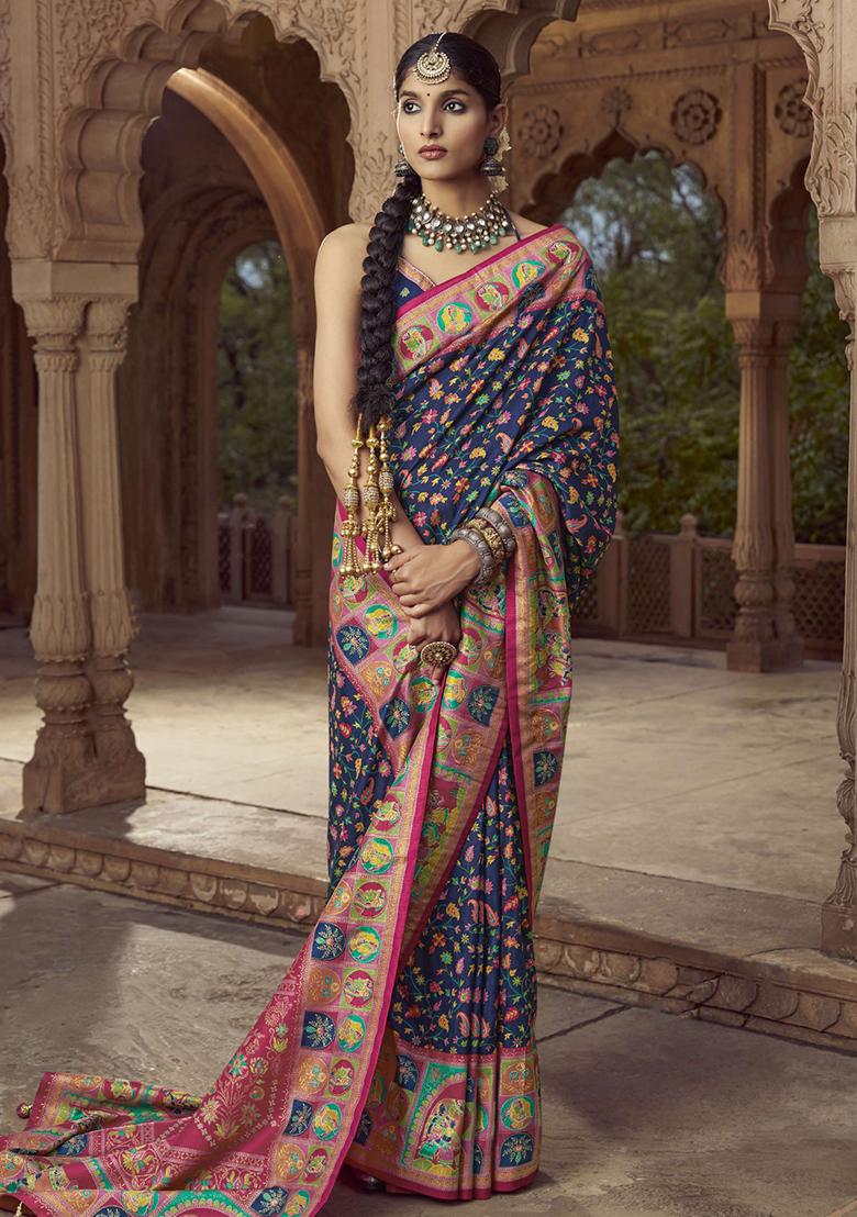 Blue Figure Print Border Poly Blended Saree Set - Indya
