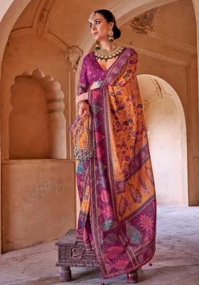 Yellow Figure Print Border Poly Blended Saree Set