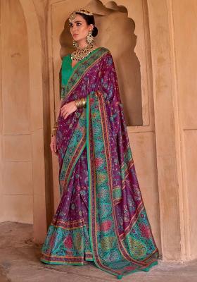 Purple Figure Print Border Poly Blended Saree Set