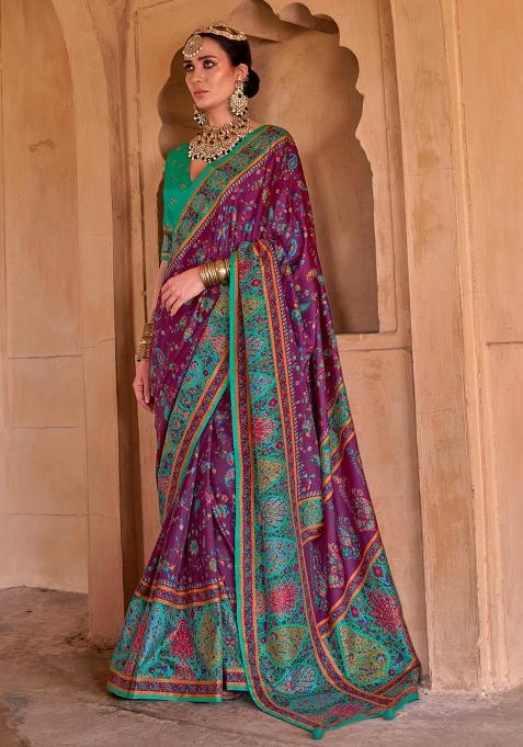Purple Figure Print Border Poly Blended Saree Set