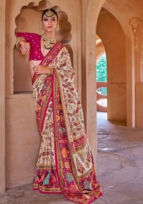 Cream Figure Print Border Poly Blended Saree Set