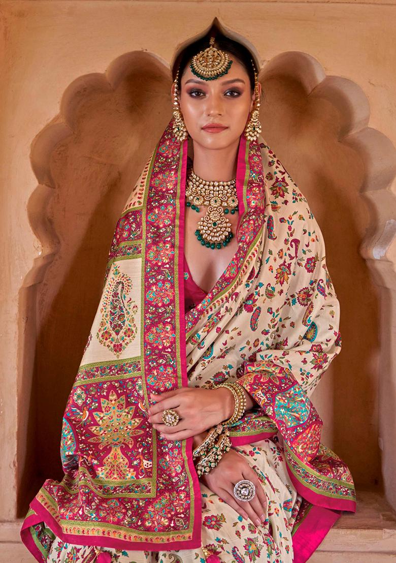 Cream Figure Print Border Poly Blended Saree Set - Indya