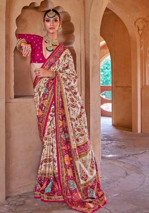 Cream Figure Print Border Poly Blended Saree Set