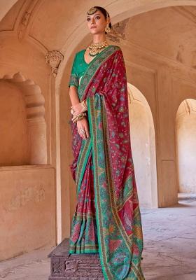 Red Figure Print Border Poly Blended Saree Set