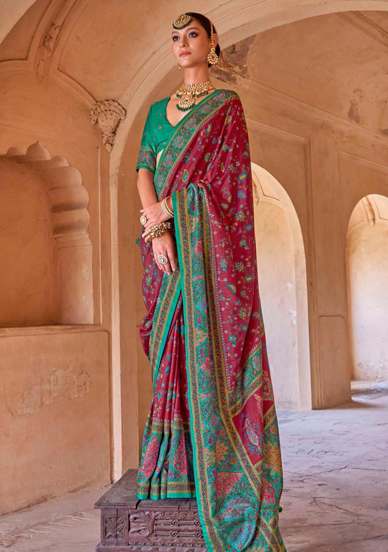 Red Figure Print Border Poly Blended Saree Set