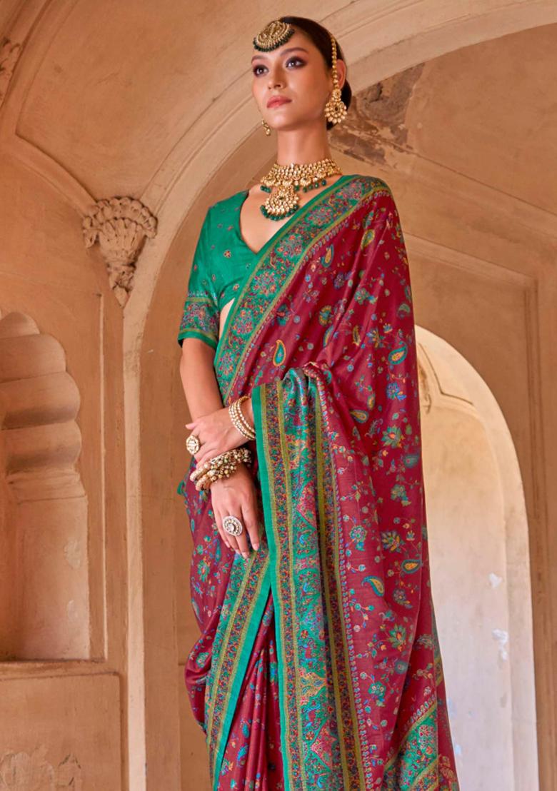 Red Figure Print Border Poly Blended Saree Set