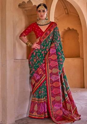 Green Figure Print Border Poly Blended Saree Set