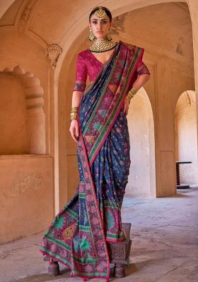 Blue Figure Print Border Poly Blended Saree Set