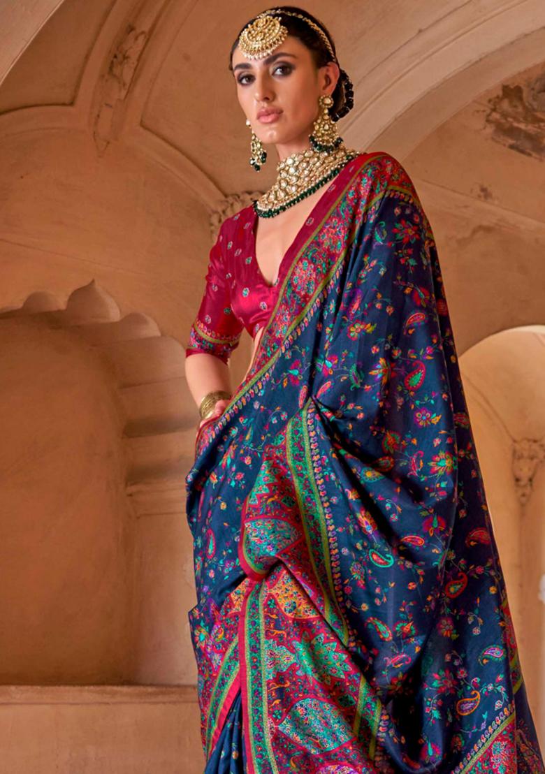 Blue Figure Print Border Poly Blended Saree Set - Indya