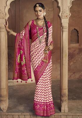 Pink Figure Print Border Poly Blended Saree Set
