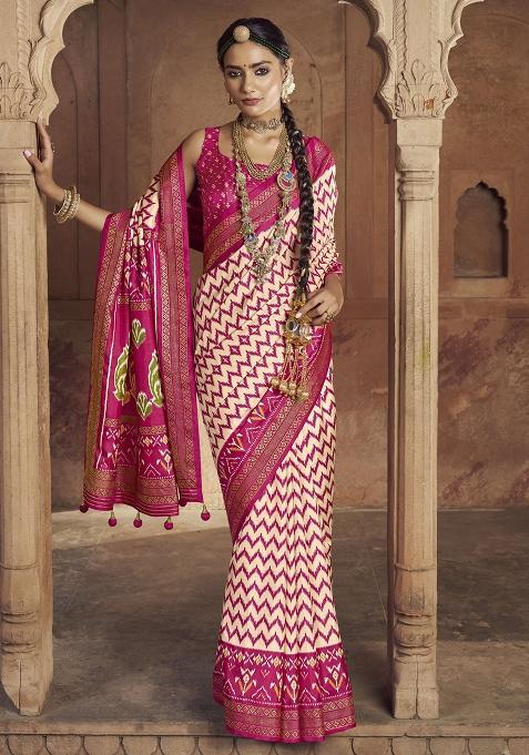 Pink Figure Print Border Poly Blended Saree Set