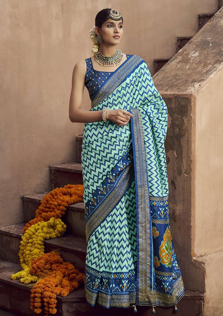 Blue Figure Print Border Poly Blended Saree Set - Indya