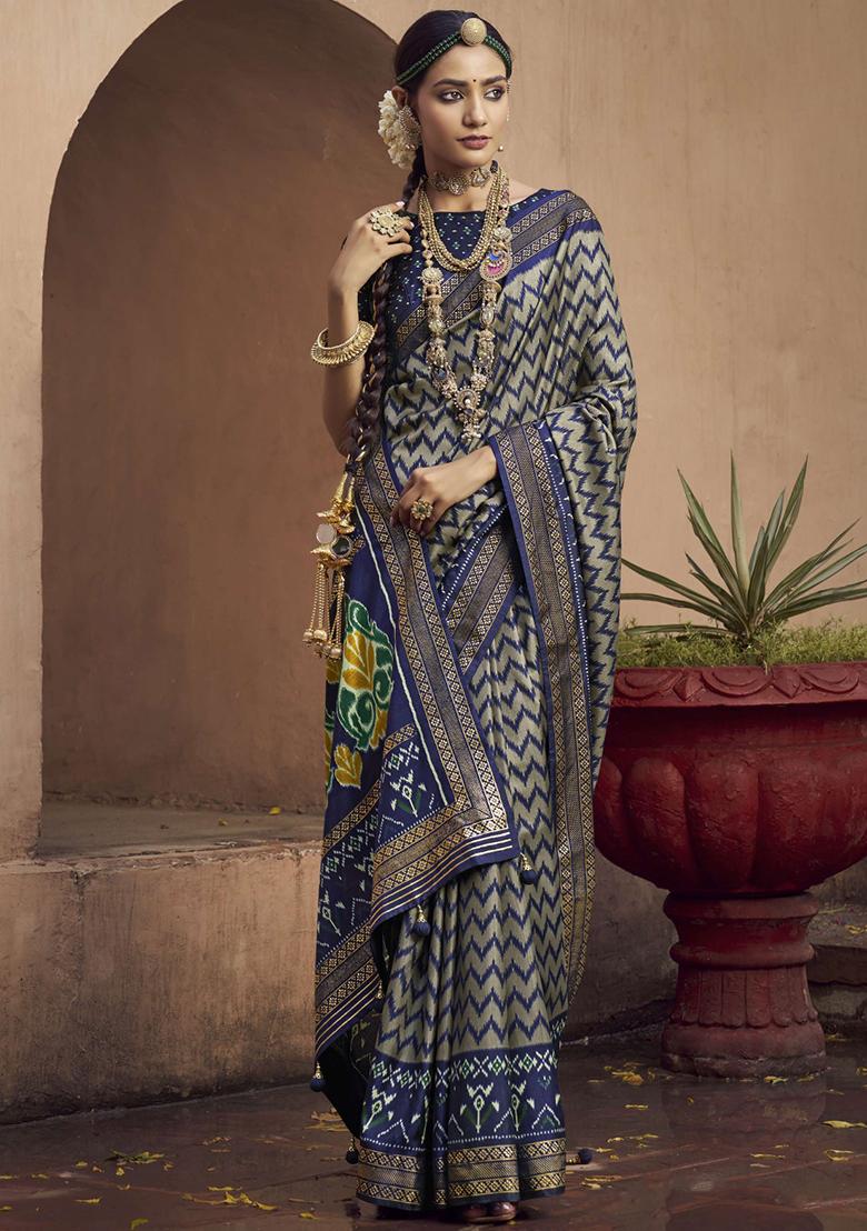 Blue Figure Print Border Poly Blended Saree Set - Indya