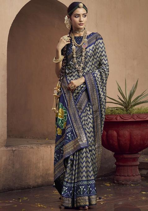 Blue Figure Print Border Poly Blended Saree Set