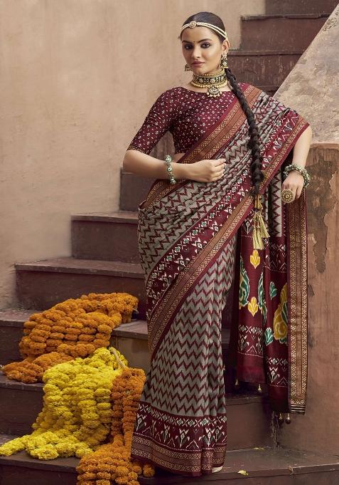 Maroon Figure Print Border Poly Blended Saree Set