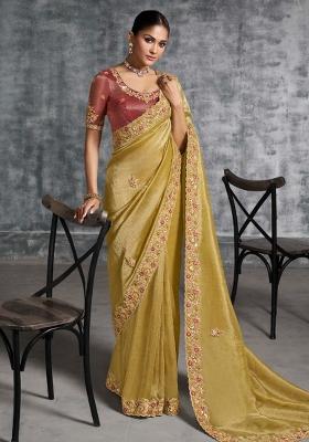 Mustard Thread Sequence Work Poly Blended Saree Set