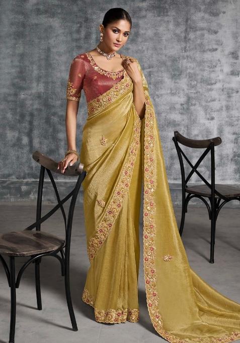 Mustard Thread Sequence Work Poly Blended Saree Set