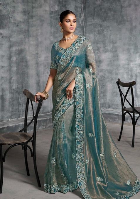 Sky Blue Thread Sequence Work Poly Blended Saree Set
