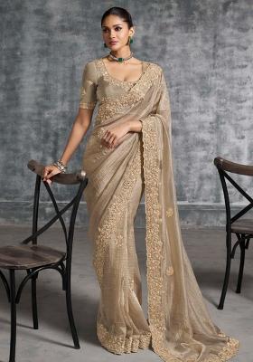 Brown Thread Sequence Work Poly Blended Saree Set