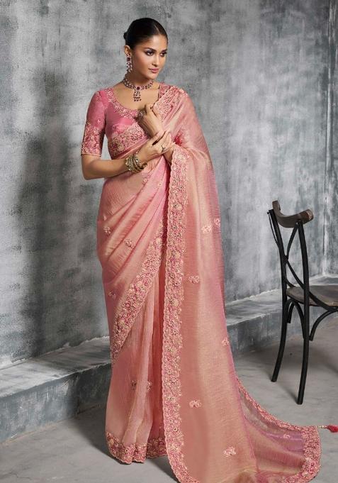 Peach Thread Sequence Work Poly Blended Saree Set