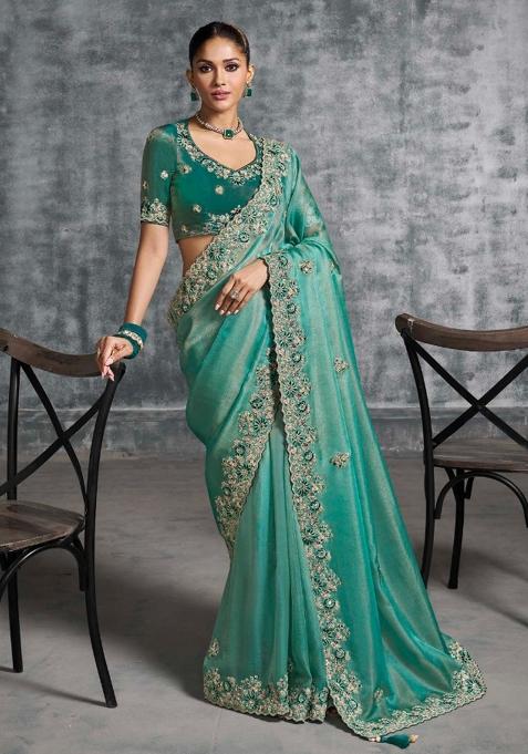 Purple Thread Sequence Work Poly Blended Saree Set