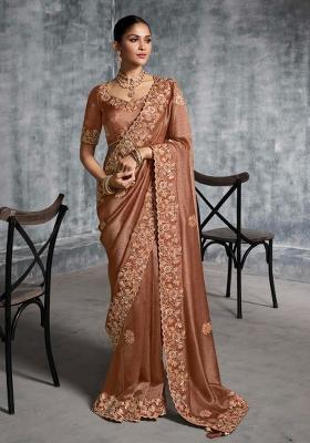 Brown Thread Sequence Work Poly Blended Saree Set