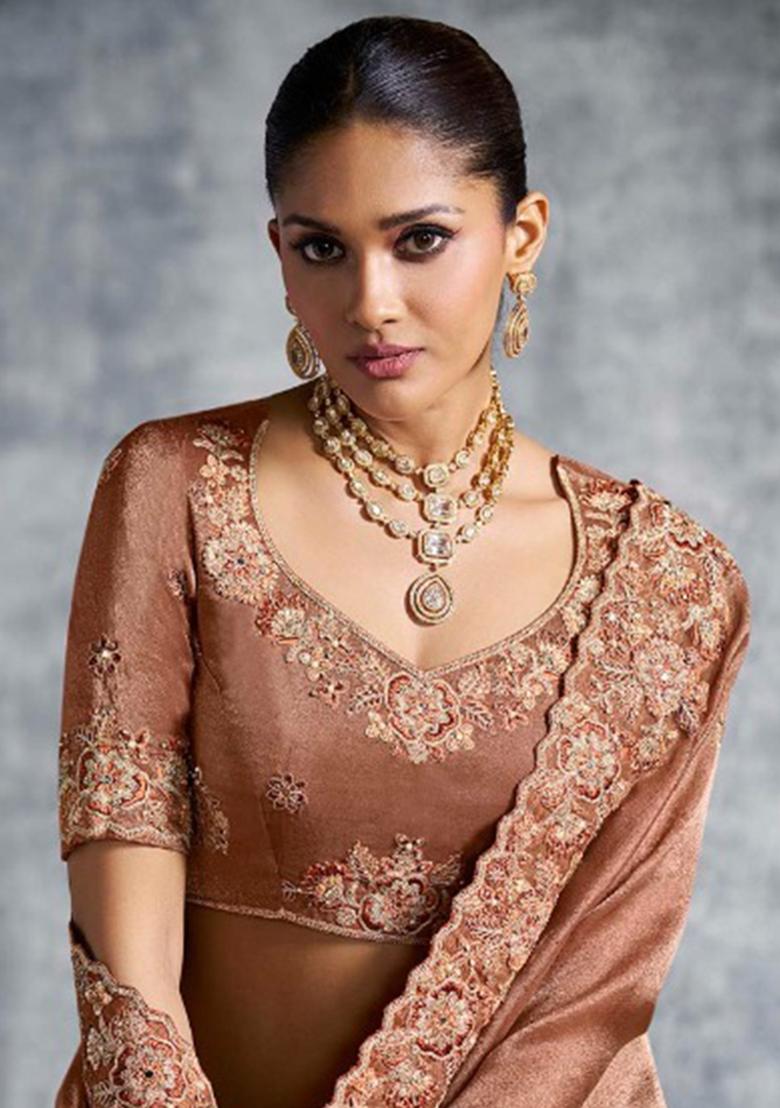 Brown Thread Sequence Work Poly Blended Saree Set - Indya