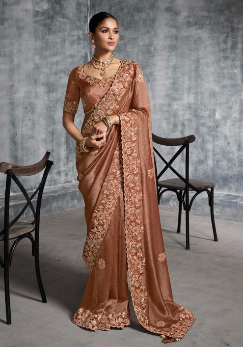 Brown Thread Sequence Work Poly Blended Saree Set