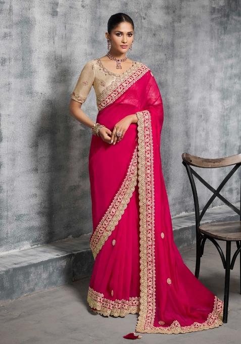 Pink Thread Sequence Work Poly Blended Saree Set