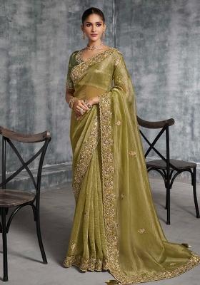 Green Thread Sequence Work Poly Blended Saree Set