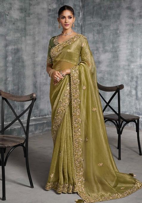 Green Thread Sequence Work Poly Blended Saree Set