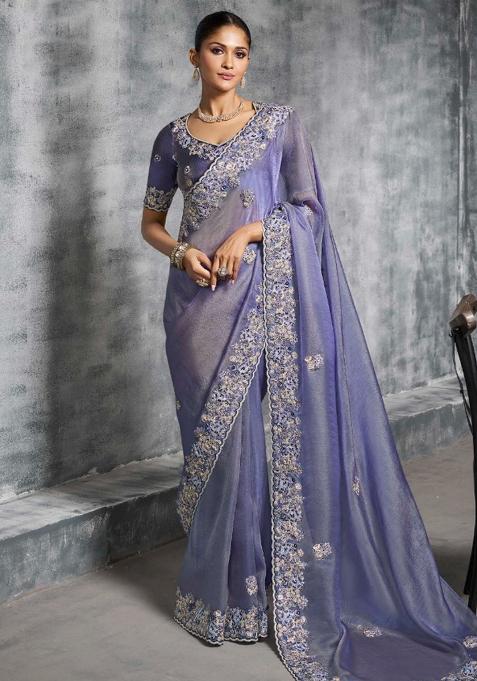 Purple Thread Sequence Work Poly Blended Saree Set