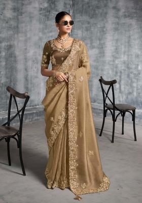 Brown Thread Sequence Work Poly Blended Saree Set