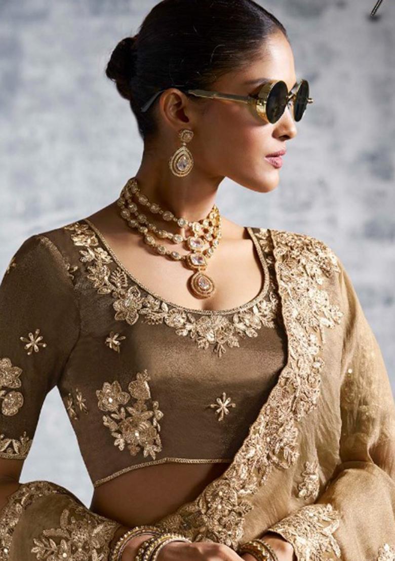 Brown Thread Sequence Work Poly Blended Saree Set - Indya