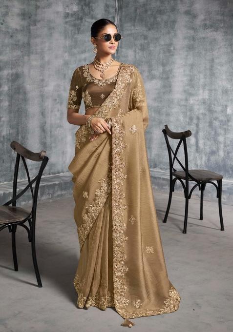 Brown Thread Sequence Work Poly Blended Saree Set