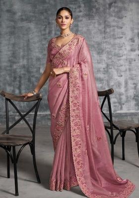 Pink Thread Sequence Work Poly Blended Saree Set