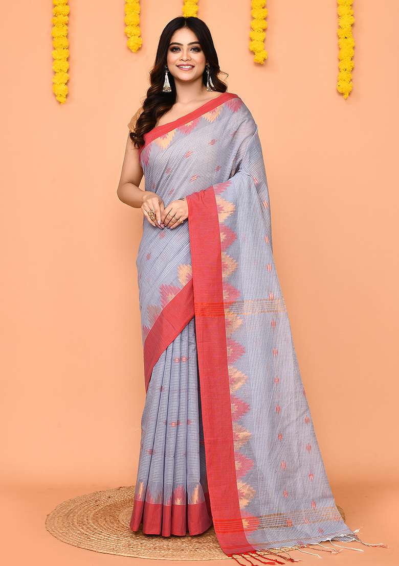 Sky Blue Handloom Blend Cotton Saree Set for Diwali | Wedding & Festive Wear - Indya