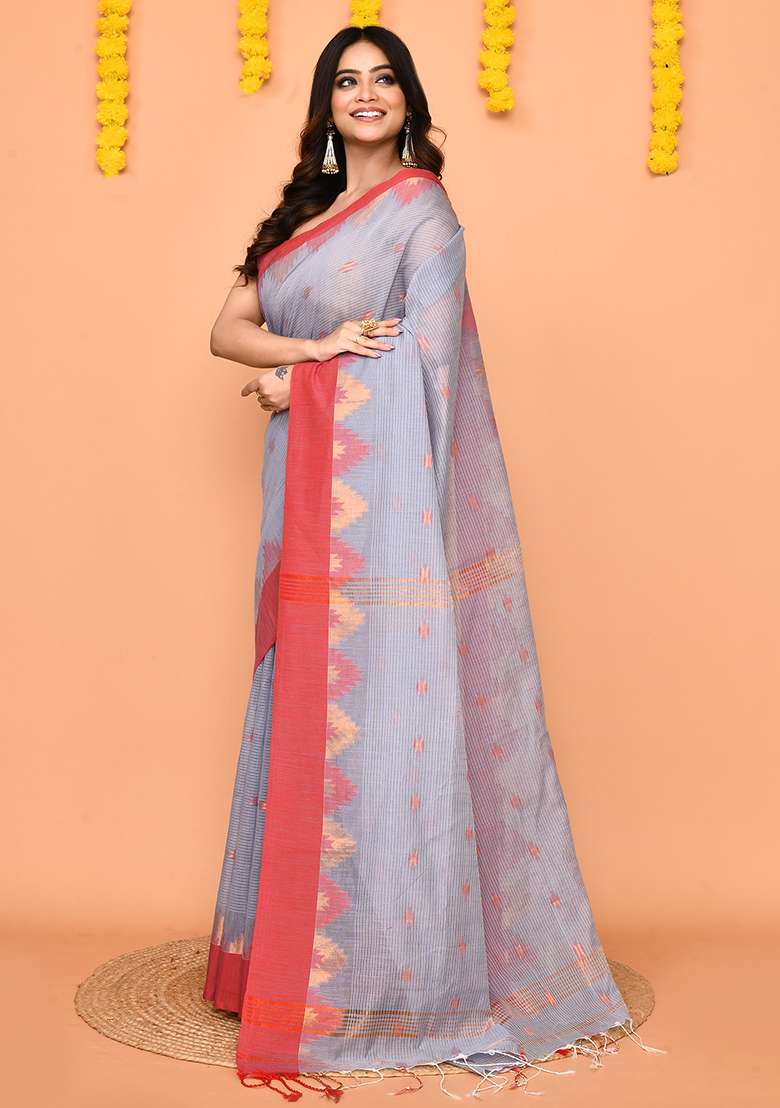 Sky Blue Handloom Blend Cotton Saree Set for Diwali | Wedding & Festive Wear - Indya