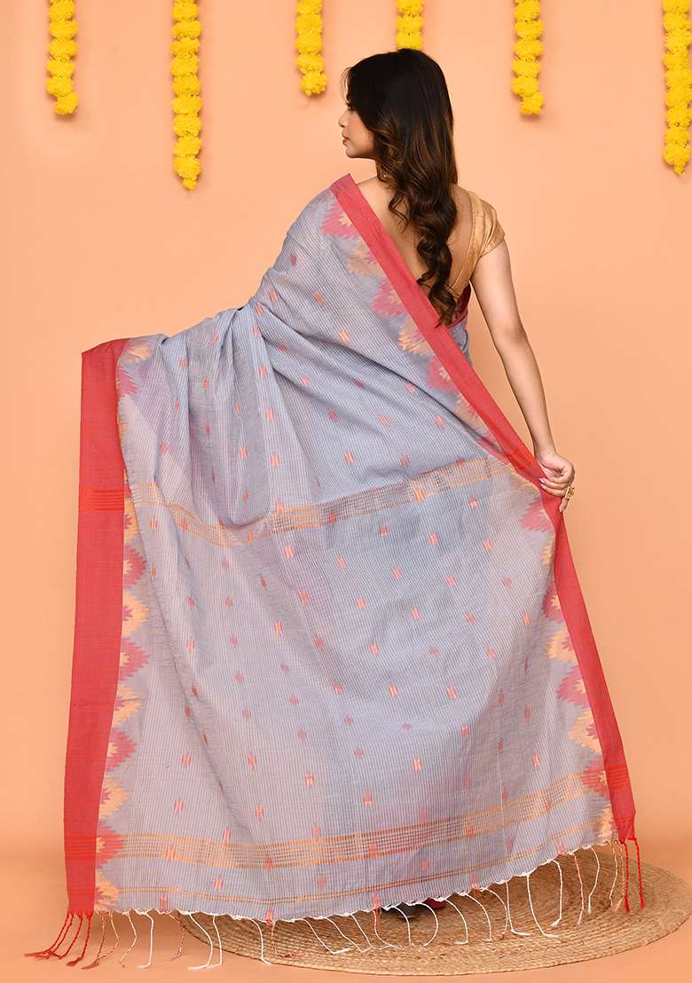 Sky Blue Handloom Blend Cotton Saree Set for Diwali | Wedding & Festive Wear - Indya