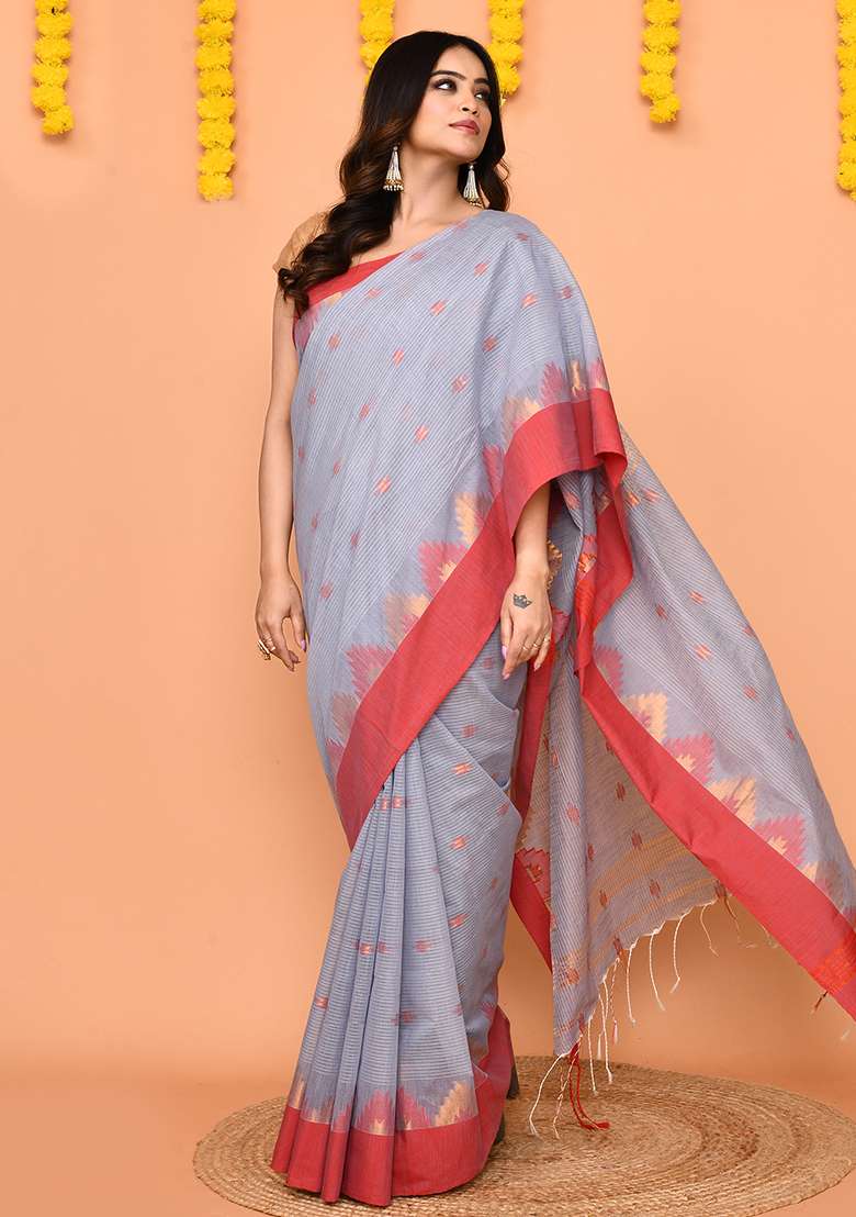 Sky Blue Handloom Blend Cotton Saree Set for Diwali | Wedding & Festive Wear - Indya