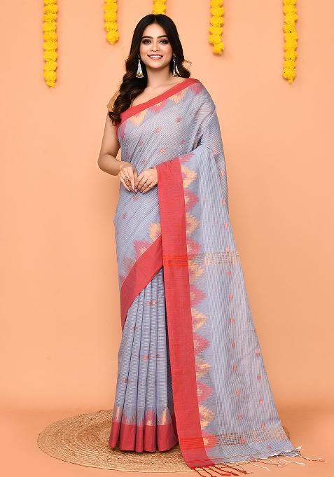 Sky Blue Handloom Cotton Blend Saree Set