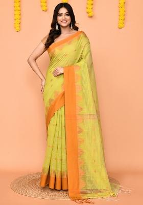 Lime Yellow Handloom Cotton Blend Saree Set