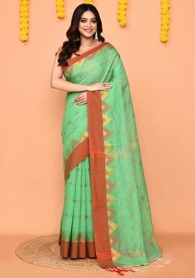 Green Handloom Cotton Blend Saree Set