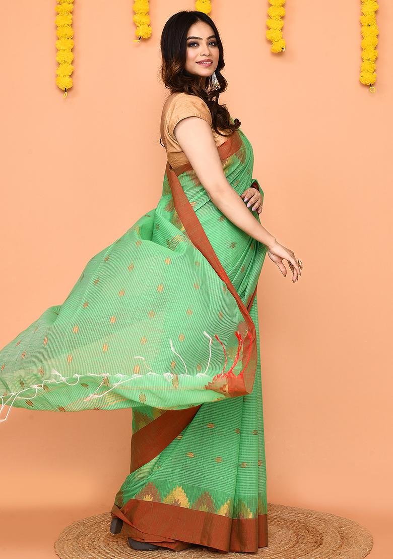 Green Handloom Cotton Blend Saree Set - Indya