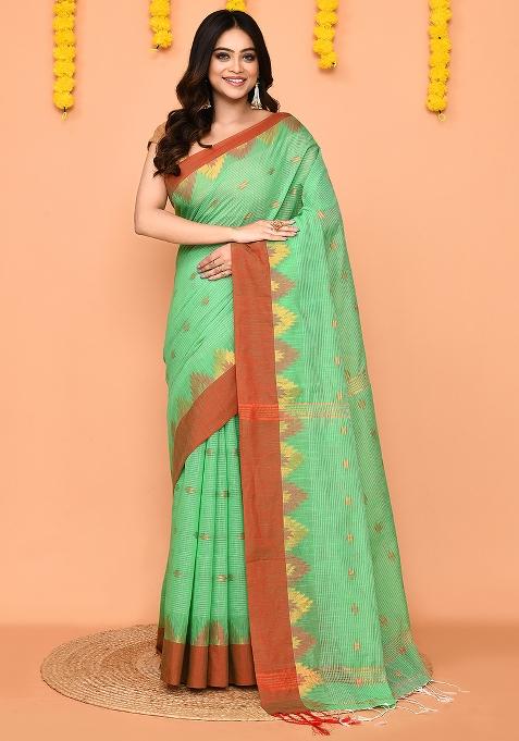 Green Handloom Cotton Blend Saree Set